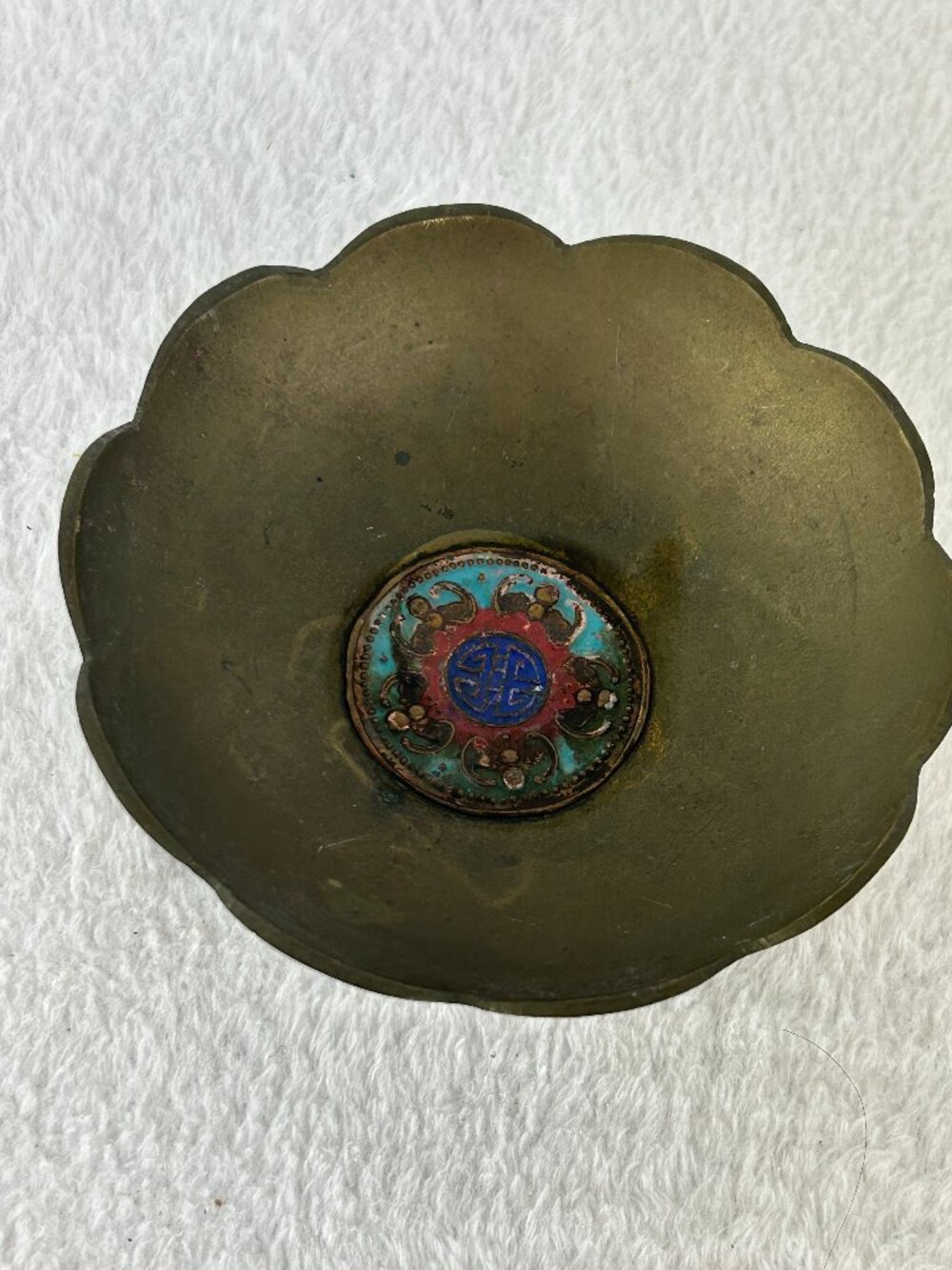 Vintage 1960s chinese Brass Dish Vanity Bowl With feet Colorful